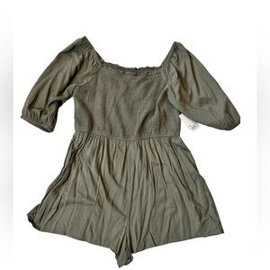 SO Olive Square-Neck Smocked Peasant Romper